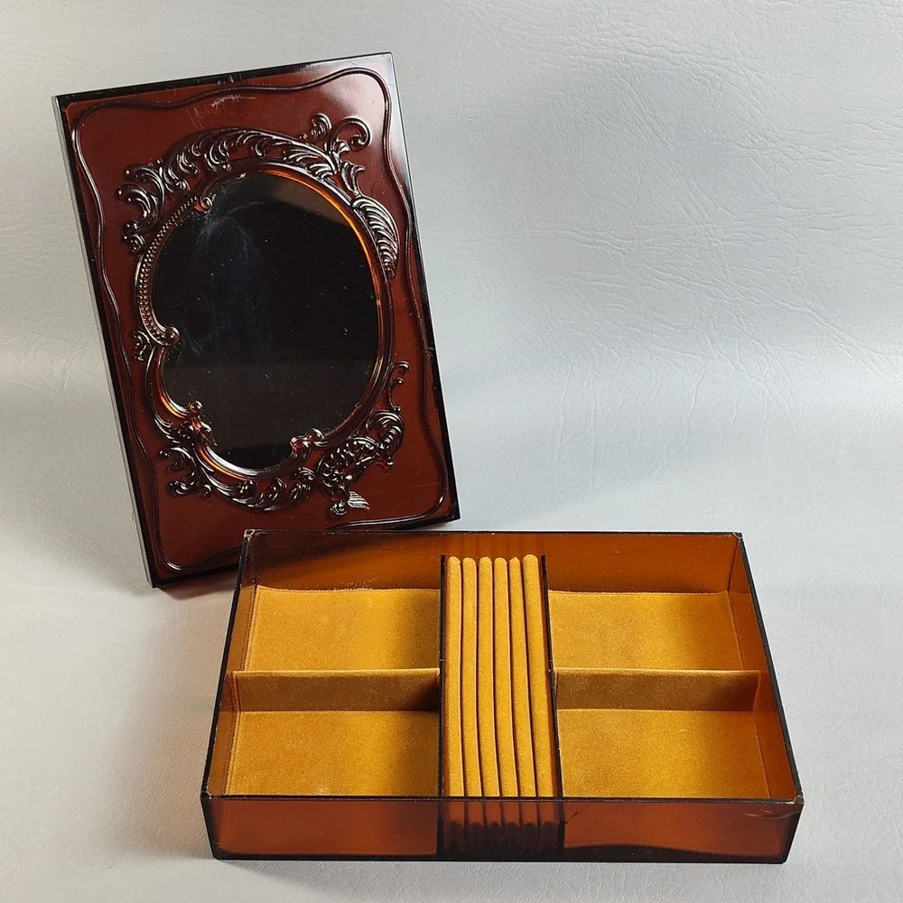 Vintage MCM Vanity Jewelry Box With Freestanding Mirror Frame Lid Amber